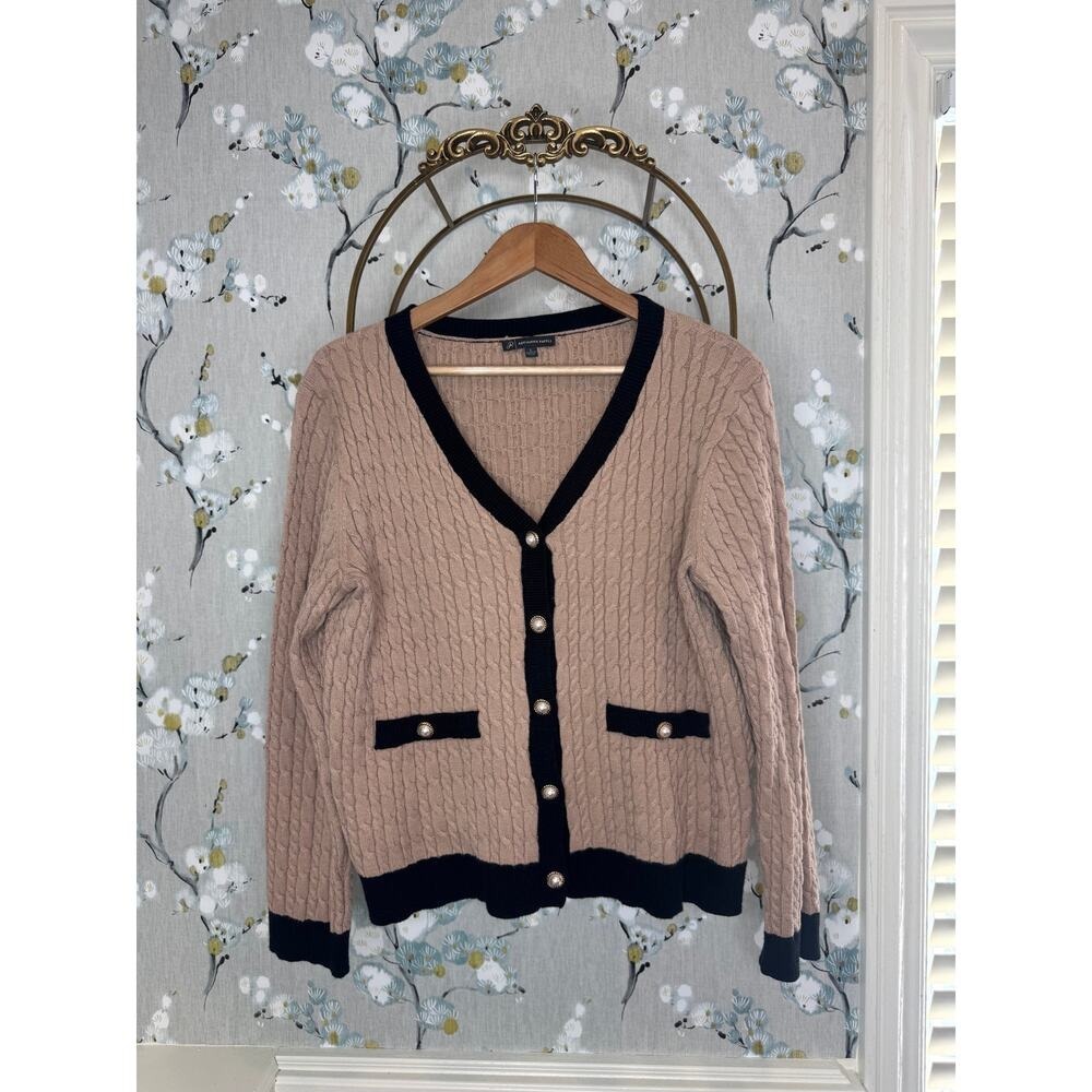 Adrianna Papell Tan Black Cable Knit Pearl Button Cardigan Sweater Large